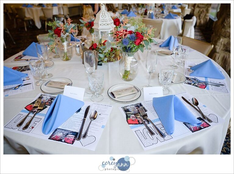 Fun reception placemat with games at a wedding reception at Prestwick Country Club
