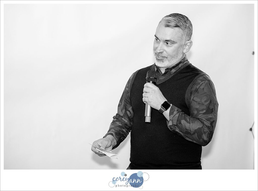 Man toasting the bride and groom during wedding reception at Prestwick Country Club