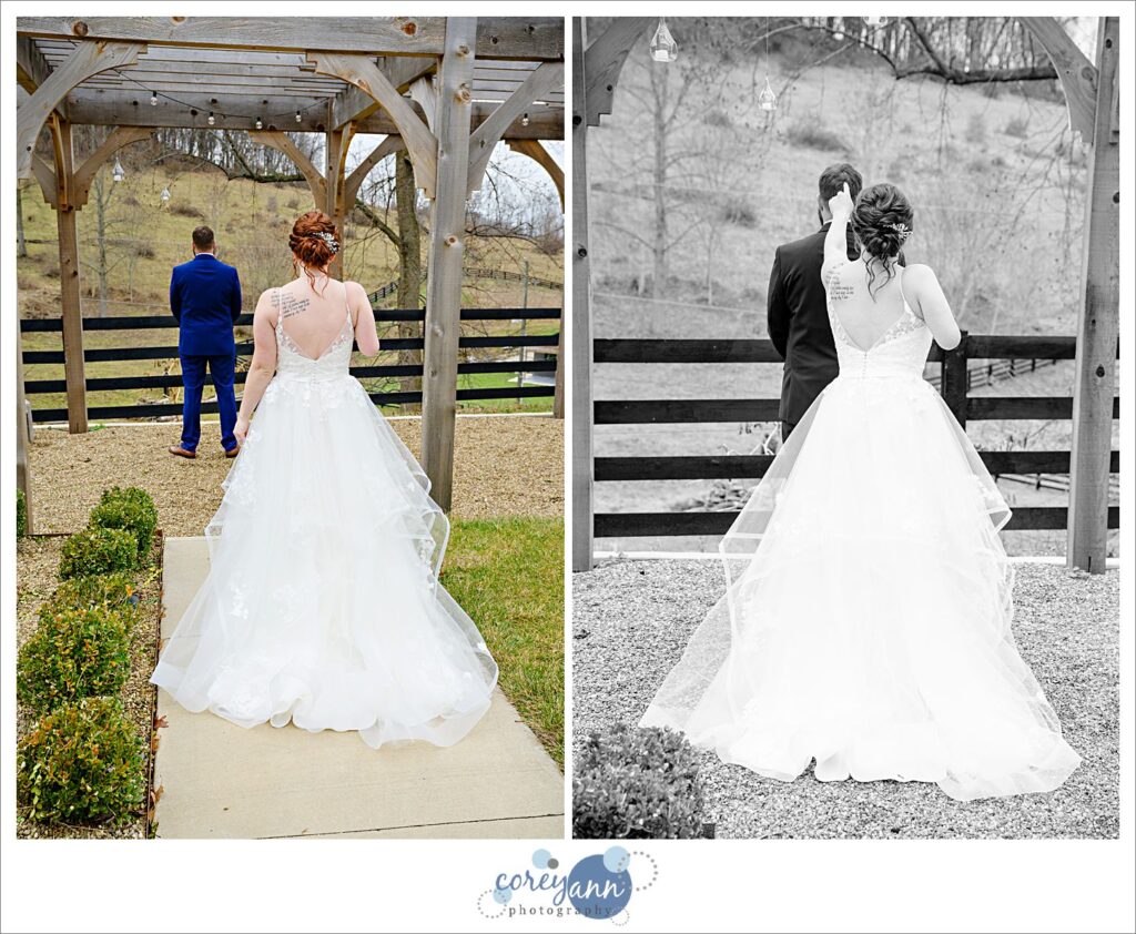 Bride and Groom first look before wedding at Rivercrest Farm in Ohio