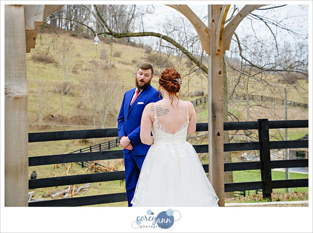 First look before wedding at Rivercrest Farm.