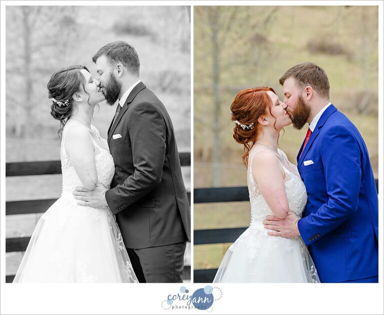 Bride and groom kissing outside at Rivercrest Farm in December