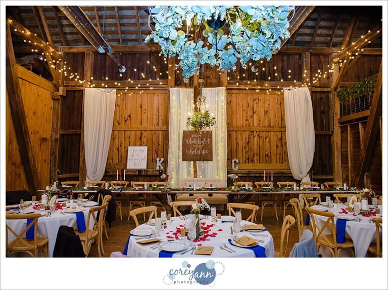 Wedding reception decor for a red and blue theme at Rivercrest Farm