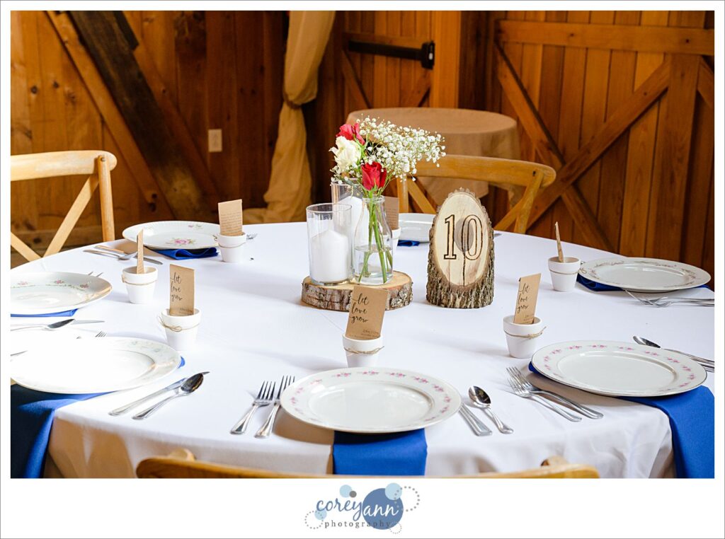Wedding reception decor for a red and blue theme at Rivercrest Farm