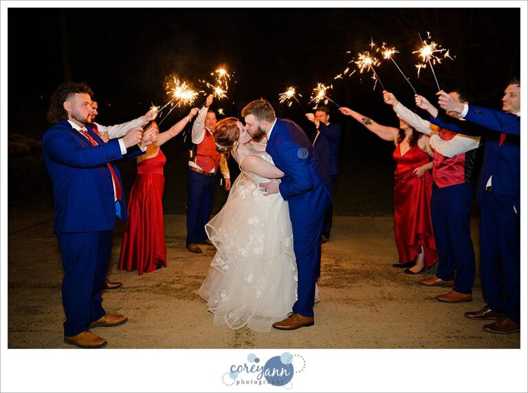 Bride and groom wedding exit with sparklers at Rivercrest Farm