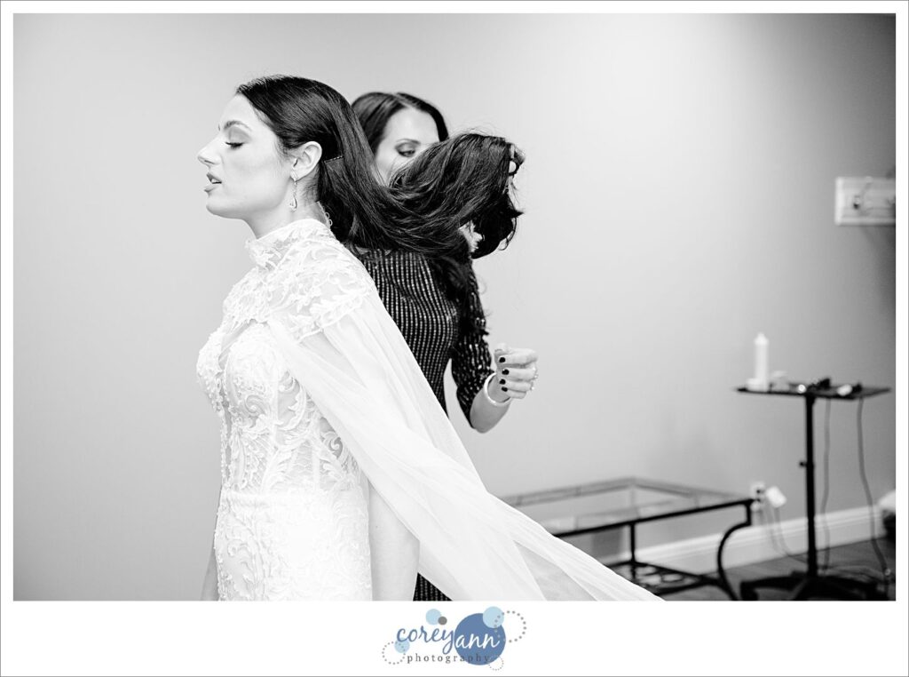 Bride getting ready for wedding ceremony at St. Haralambos Greek Orthodox Church in Canton Ohio