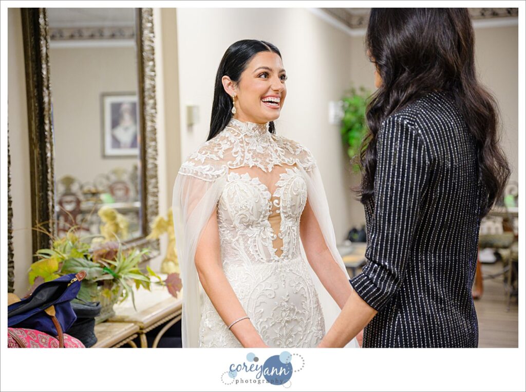 Bride getting ready for wedding ceremony at St. Haralambos Greek Orthodox Church in Canton Ohio
