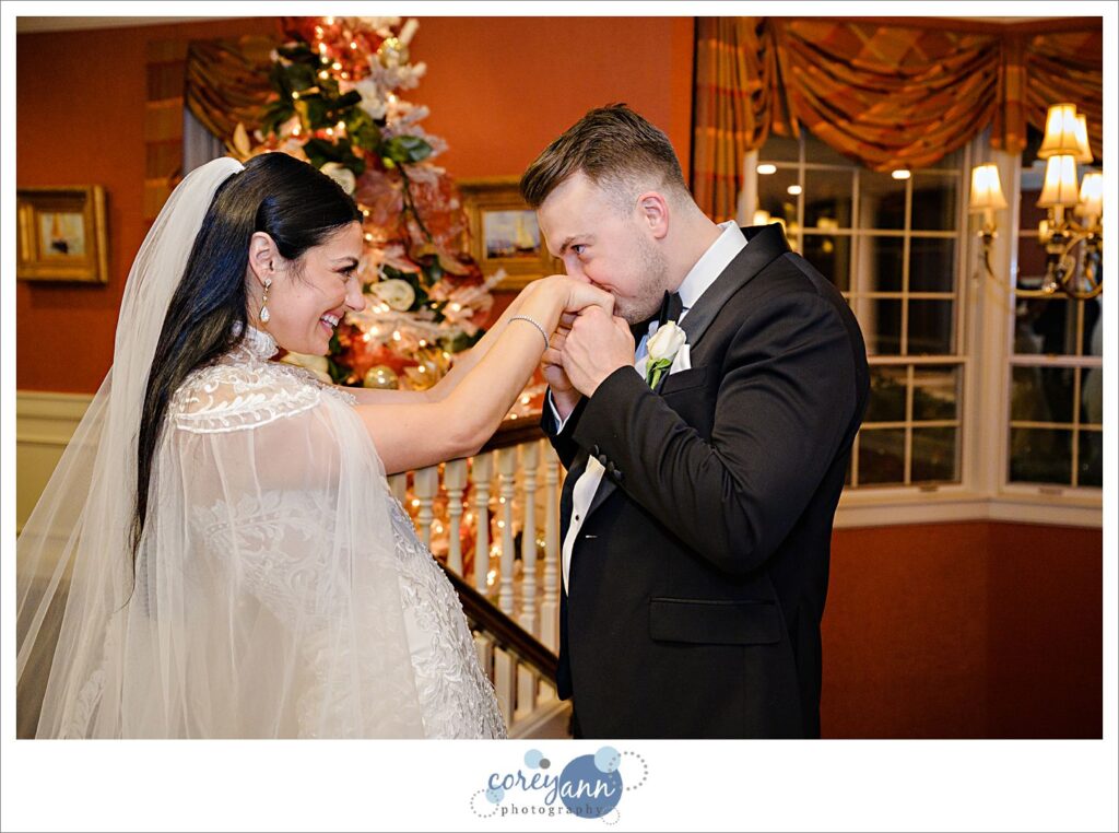 Bride and groom before wedding reception at Brookside Country Club in Canton Ohio