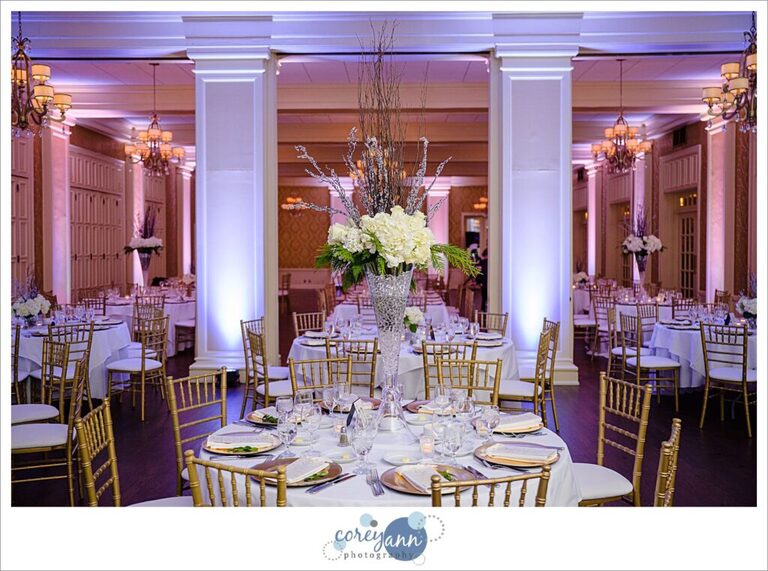 White and gold winter wedding reception decor at Brookside Country Club