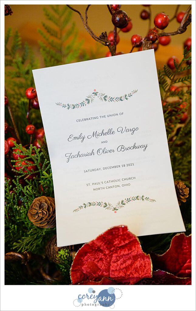 Christmas themed decor and wedding program in December