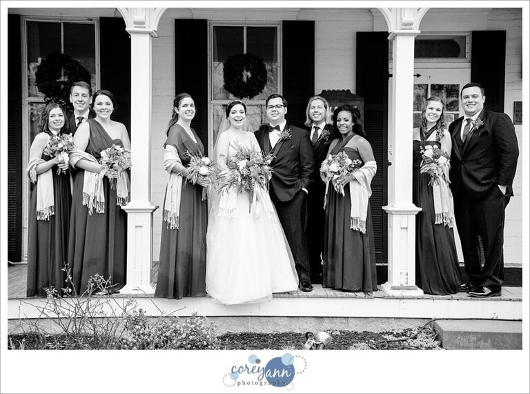 Relaxed wedding portrait with bridal party outside in North Canton in December
