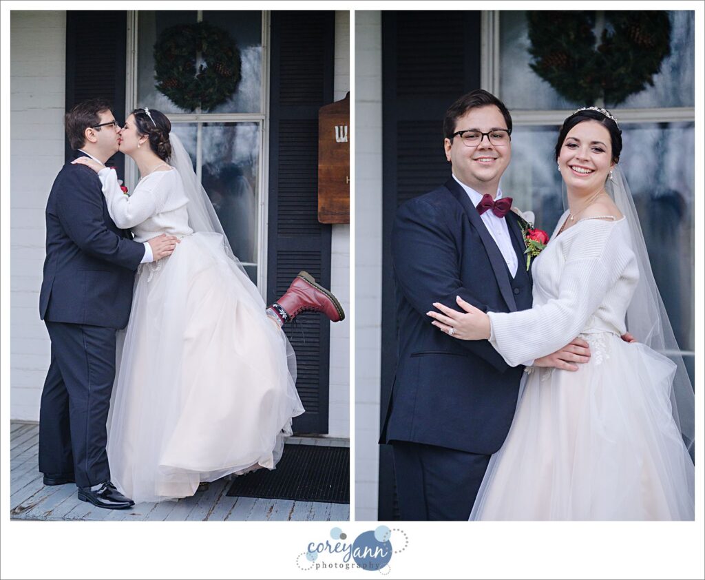 Bride wearing red doc martin boots on her wedding day