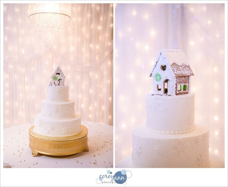 Winter wedding cake with gingerbread house topper