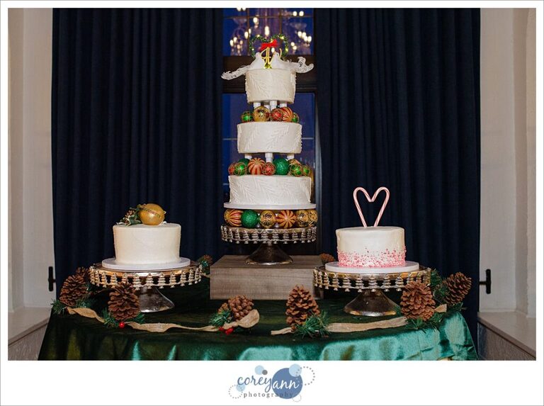 Christmas themed wedding cakes at reception in Wickliffe Ohio