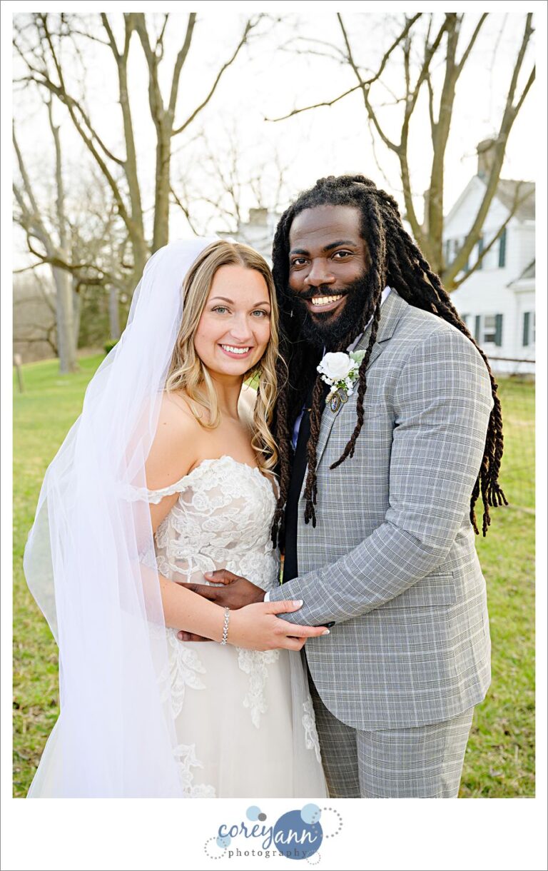 Bride and Groom portrait outside of The Christy House in Fremont on their wedding day.