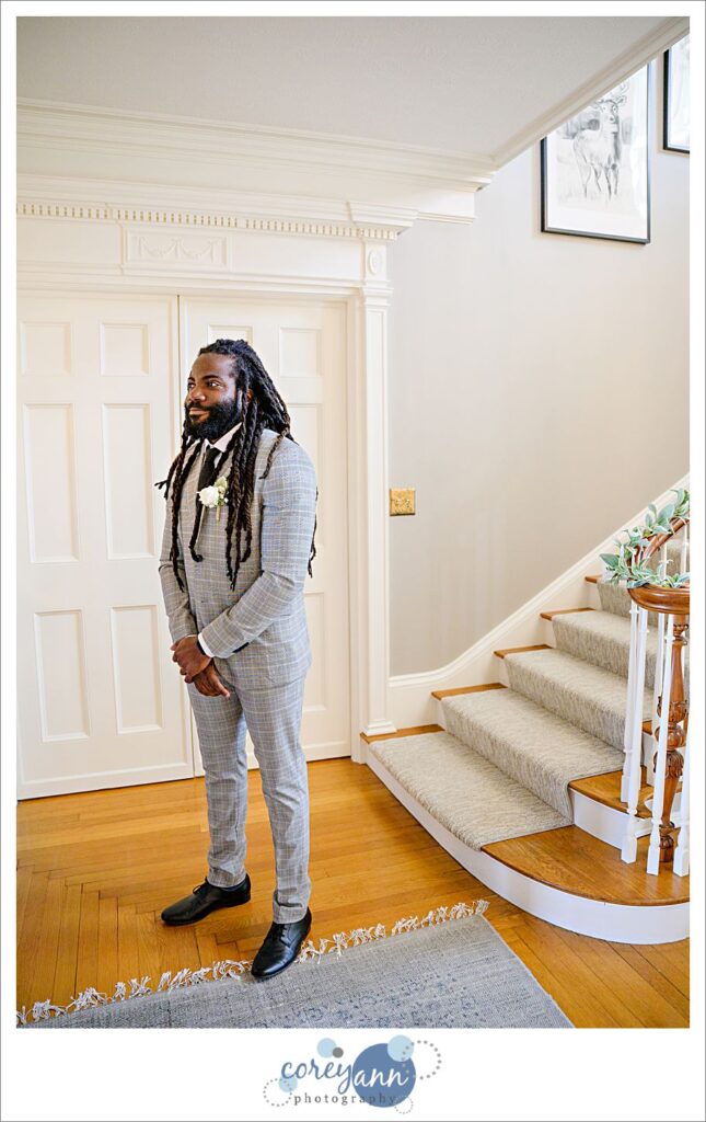 First look before wedding at The Christy House in Fremont Ohio