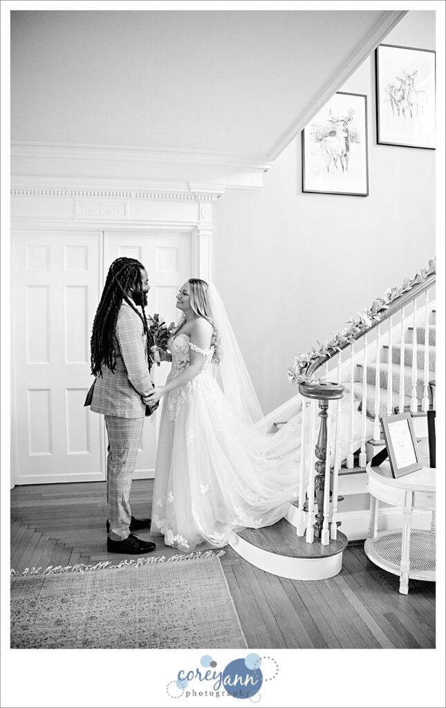 First look before wedding at The Christy House in Fremont Ohio