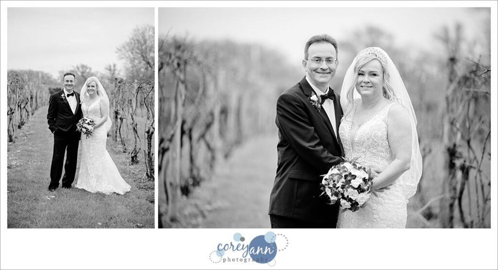 Bride and groom posing in the vineyard at Gervasi in Canton Ohio