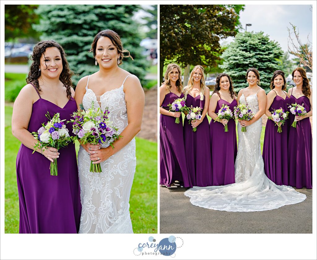 Bride and Bridesmaids in dark purple dresses at Firestone Country Club in Akron Ohio