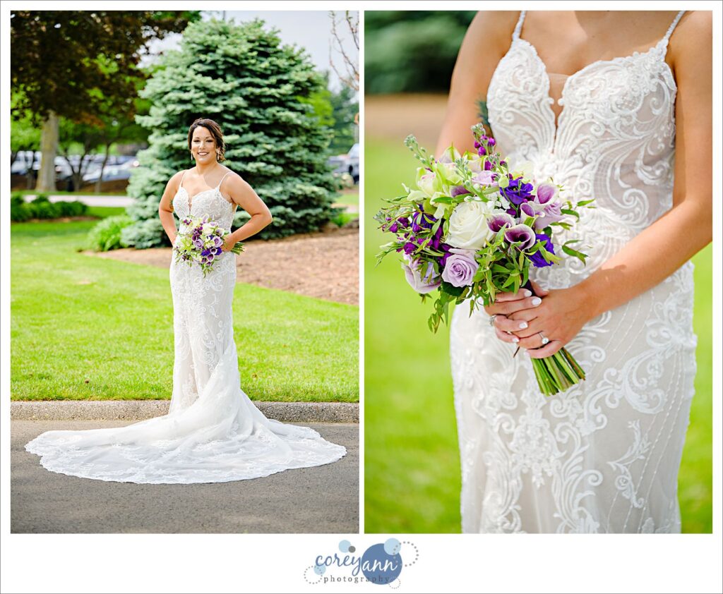 Bride holding purple wedding bouquet of flowers at FIrestone Country Club