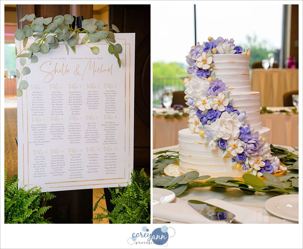 Purple floral wedding cake at wedding reception at Firestone Country Club in Akron Ohio