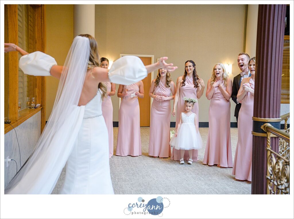 Bride doing bridesmaid reveal before wedding in Cleveland