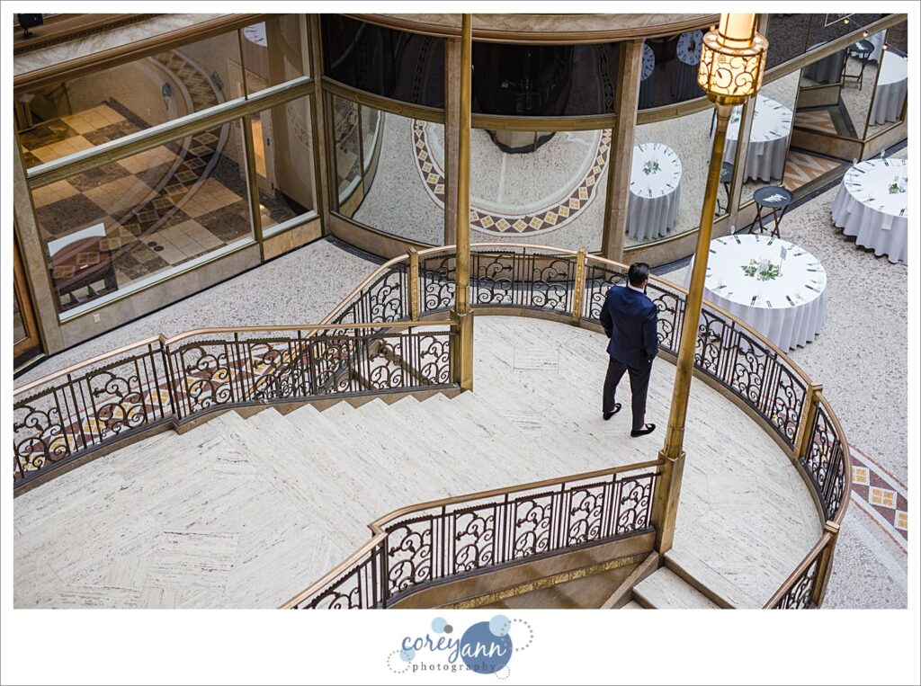 First look before wedding at The Arcade in Cleveland