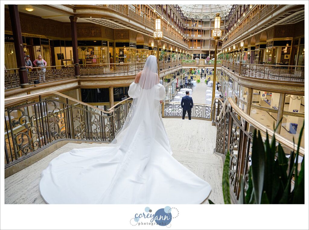 First look before wedding at The Arcade in Cleveland