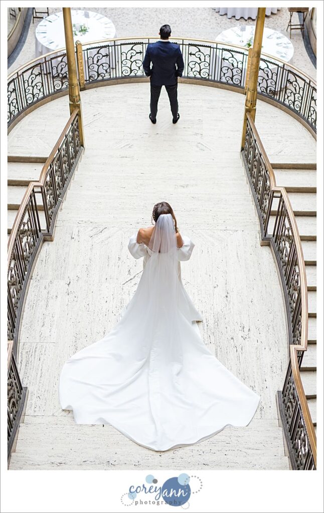 First look before wedding at The Arcade in Cleveland