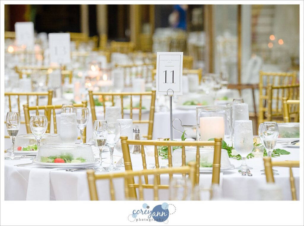Gold and pink wedding reception decor at Cleveland's Arcade