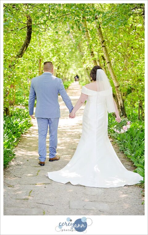 wedding portrait of bride and groom in the birch tree allee at Stan hywet