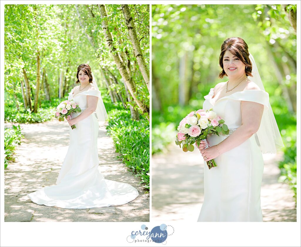 bride portrait in the birch tree allee at stan hywet in may 