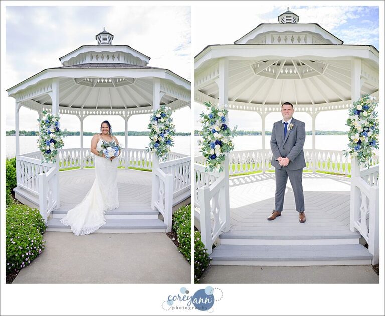 Side by side image of a bride wearing a long white dress with spaghetti straps and a groom in a light grey suit standing inside a white gazebo on Springfield Lake in Akron Ohio on a sunny June day after their wedding ceremony