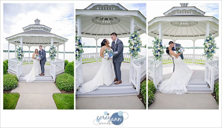 Three photos of of a bride wearing a long white dress with spaghetti straps with a  groom in a light grey suit standing inside a white gazebo on Springfield Lake in Akron Ohio on a sunny June day after their wedding ceremony in three different poses looking at the camera, at each other and dipping
