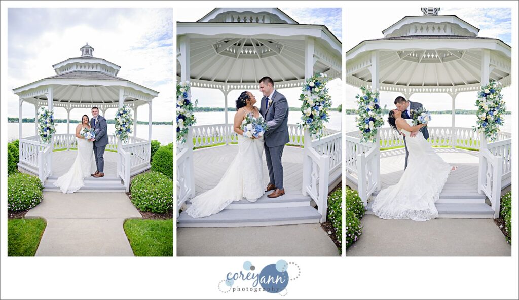 Three photos of of a bride wearing a long white dress with spaghetti straps with a  groom in a light grey suit standing inside a white gazebo on Springfield Lake in Akron Ohio on a sunny June day after their wedding ceremony in three different poses looking at the camera, at each other and dipping