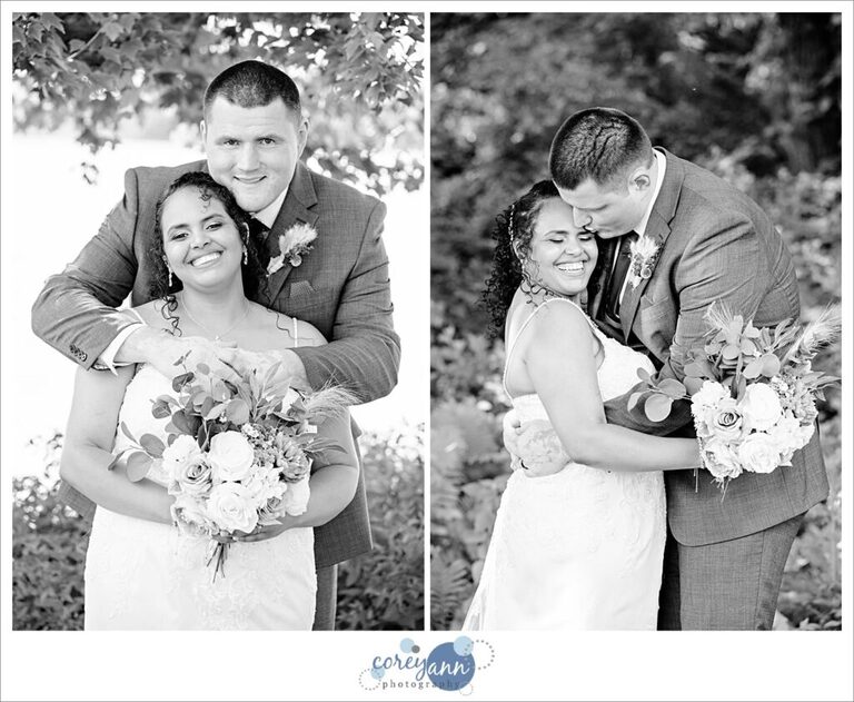 Two black and white photos of a bride and groom hugging. One photo is of the couple looking at the camera and one is of the groom kissing the bride's forehead in Akron Ohio