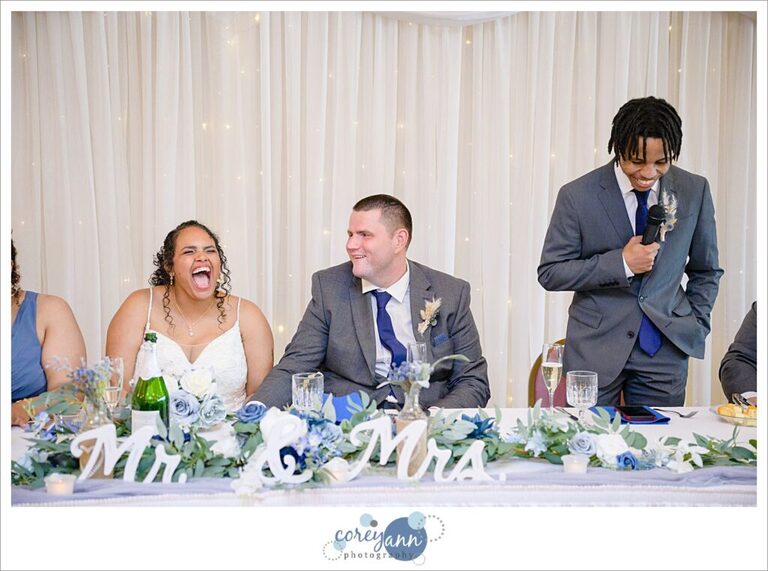 A bride and groom sitting while one of their bridal party gives a toast during the wedding reception in Akron Ohio
