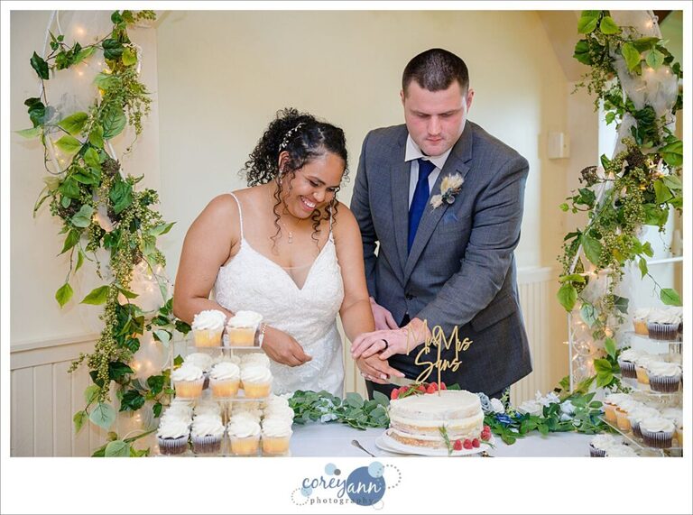 Bride and groom cutting their white wedding cake during their wedding reception at Springlake Party Center in Akron Ohio