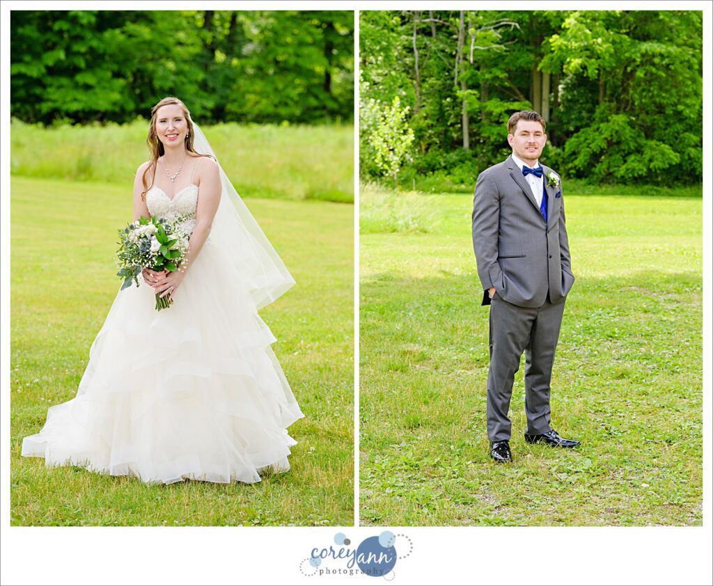 Bride and groom separate portraits in the grass at Amy's Rustic Event Center in Valley City, Ohio in June. 