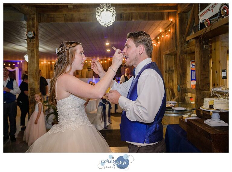 Bride and groom cutting the cake at wedding reception at Amy's Rustic Event Center in Valley City, Ohio