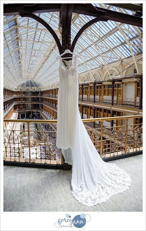 wedding dress hanging at The Arcade in Cleveland