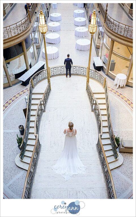 Bride and groom about to do first look before wedding at The Arcade in Cleveland