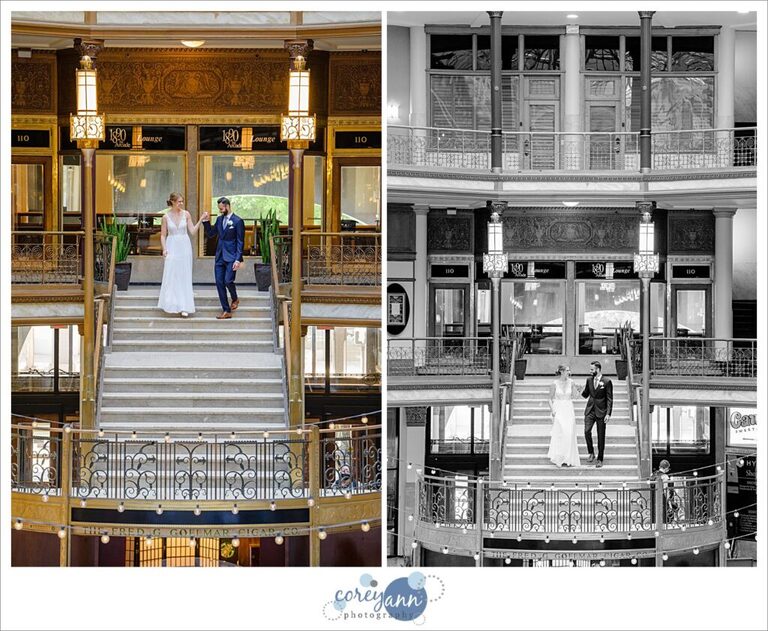 Bride and groom holding hands and walking down stairs at Hyatt Regency Cleveland at The Arcade before wedding 