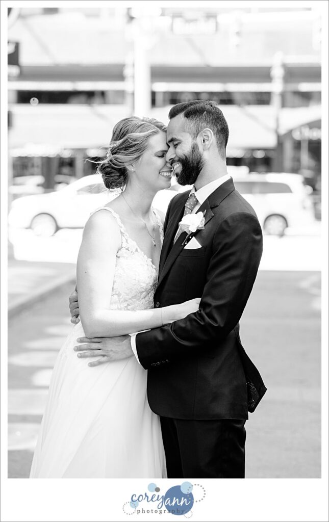 Bride and groom sharing a sweet emotional moment before wedding in Cleveland.