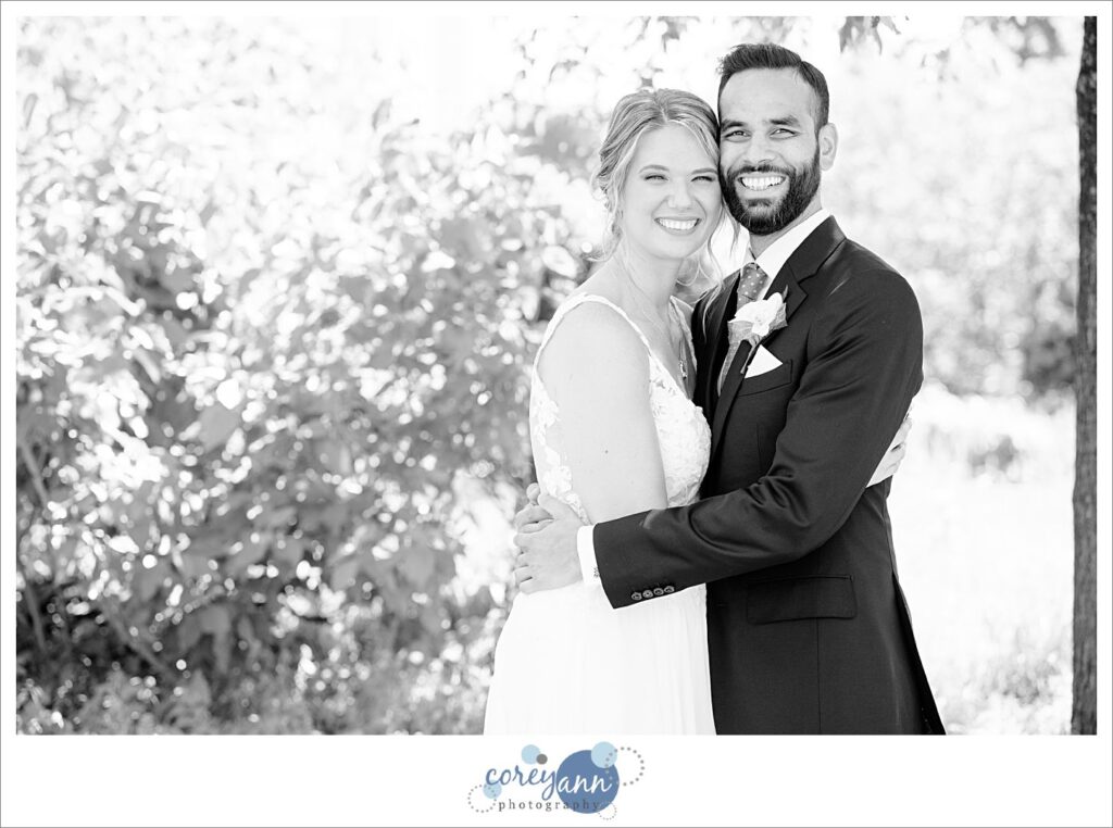 Bride and Groom smiling in photo in Cleveland Public Square
