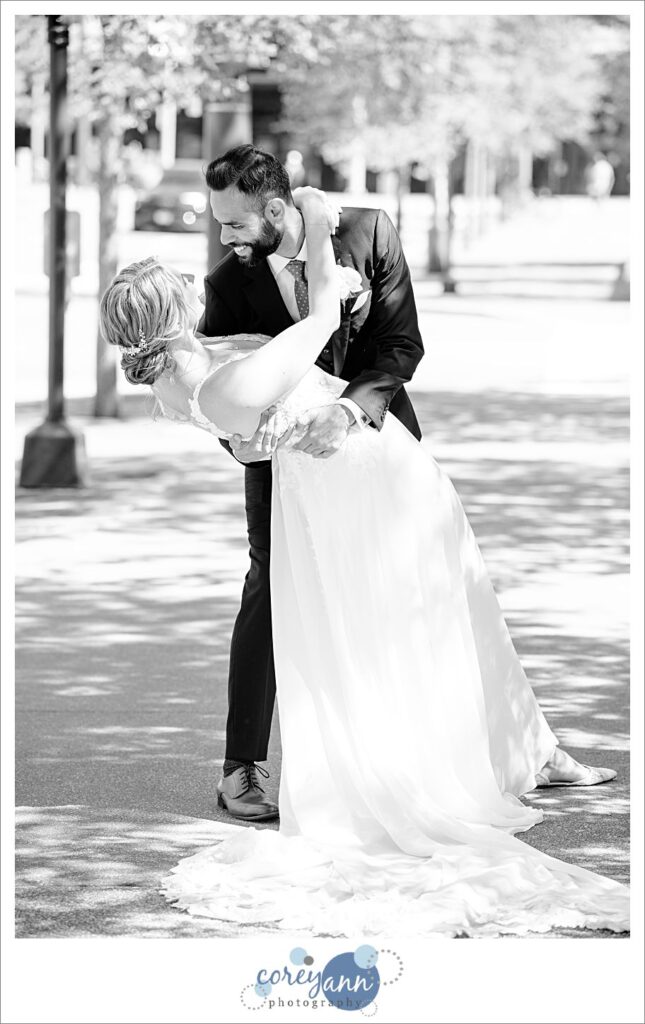 Wedding portrait with bride and groom in Cleveland public square