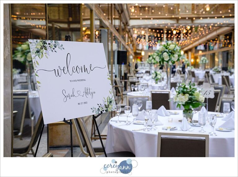 Elegant white and green wedding reception decor at Hyatt Regency Cleveland at The Arcade 
