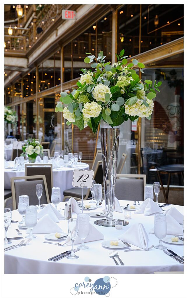 Elegant white and green wedding reception decor at Hyatt Regency Cleveland at The Arcade 