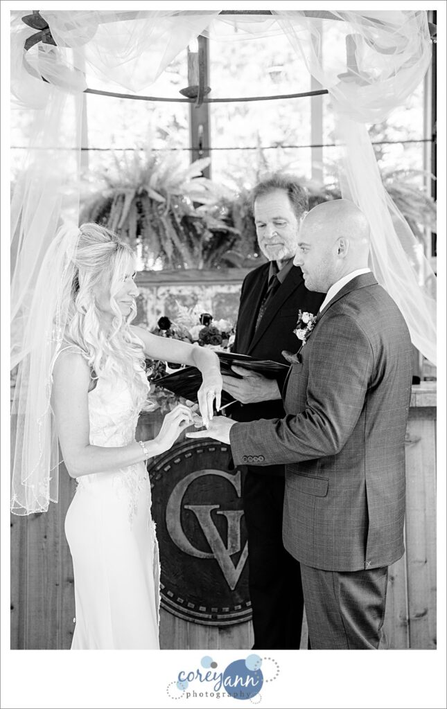 Bride and groom exchanging rings during a wedding ceremony at Gervasi Vineyard in the Conservatory in Canton Ohio
