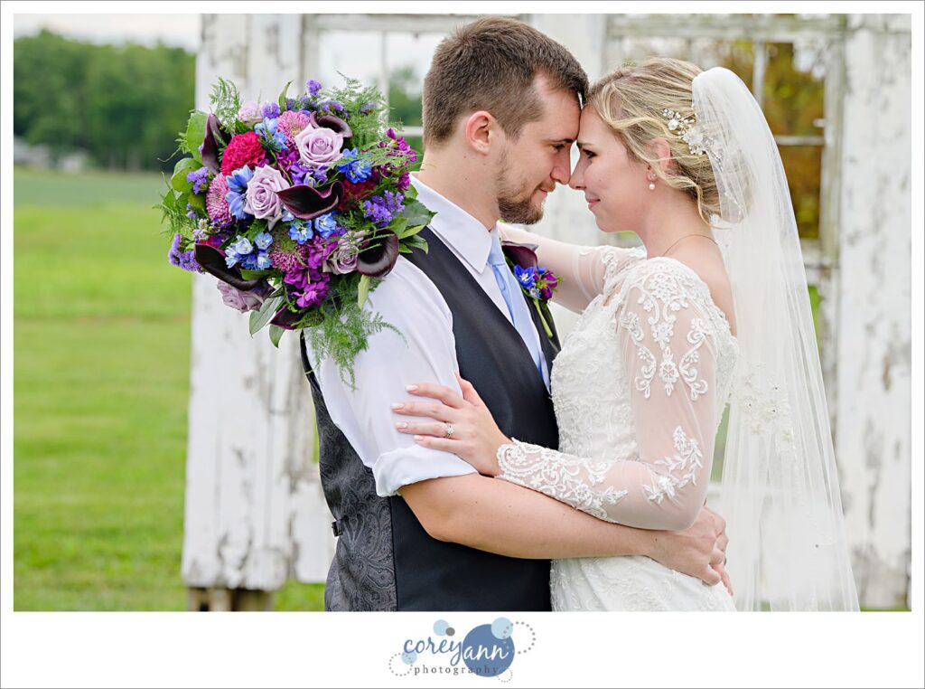 Casual portrait of bride and groom after wedding ceremony at Nickajack Farms in Ohio