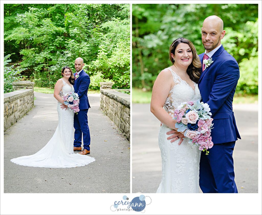 Bride and groom pose for portraits in David Fortier River Park in Olmsted Falls after their August wedding